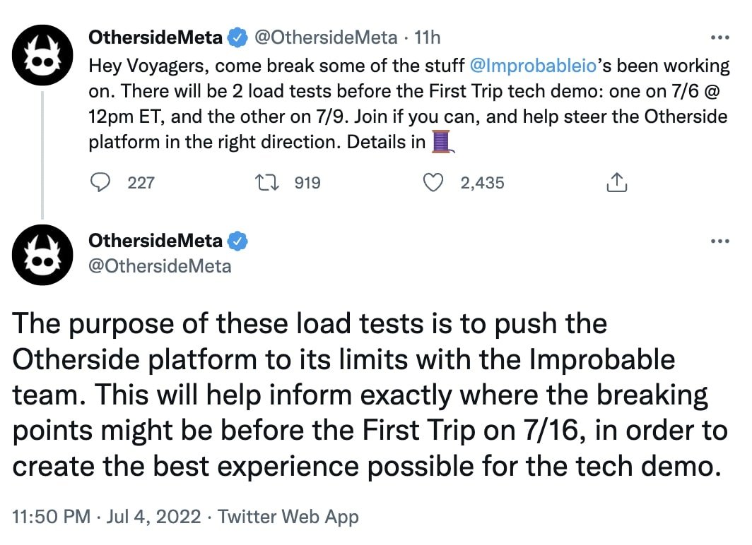 Tweet about the Otherside metaverse testing