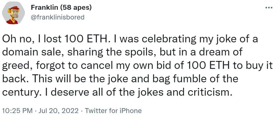 Twitter screenshot of a message from Bored Ape investor Franklin on his ETH loss