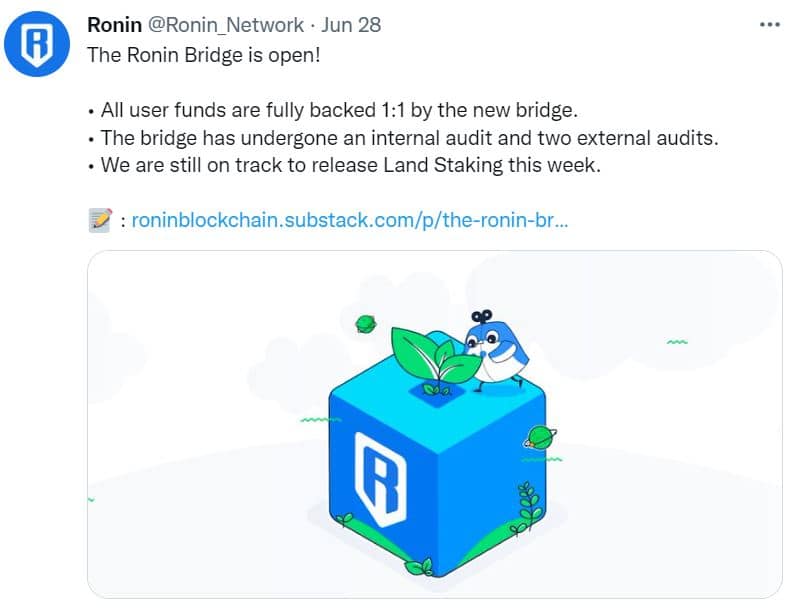 screenshot of a Ronin Bridge opening message via Twitter