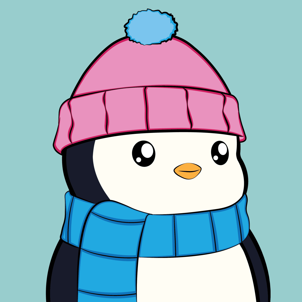 A cartoon penguing stands in front a light blue background wearing a scarf and beanie.
