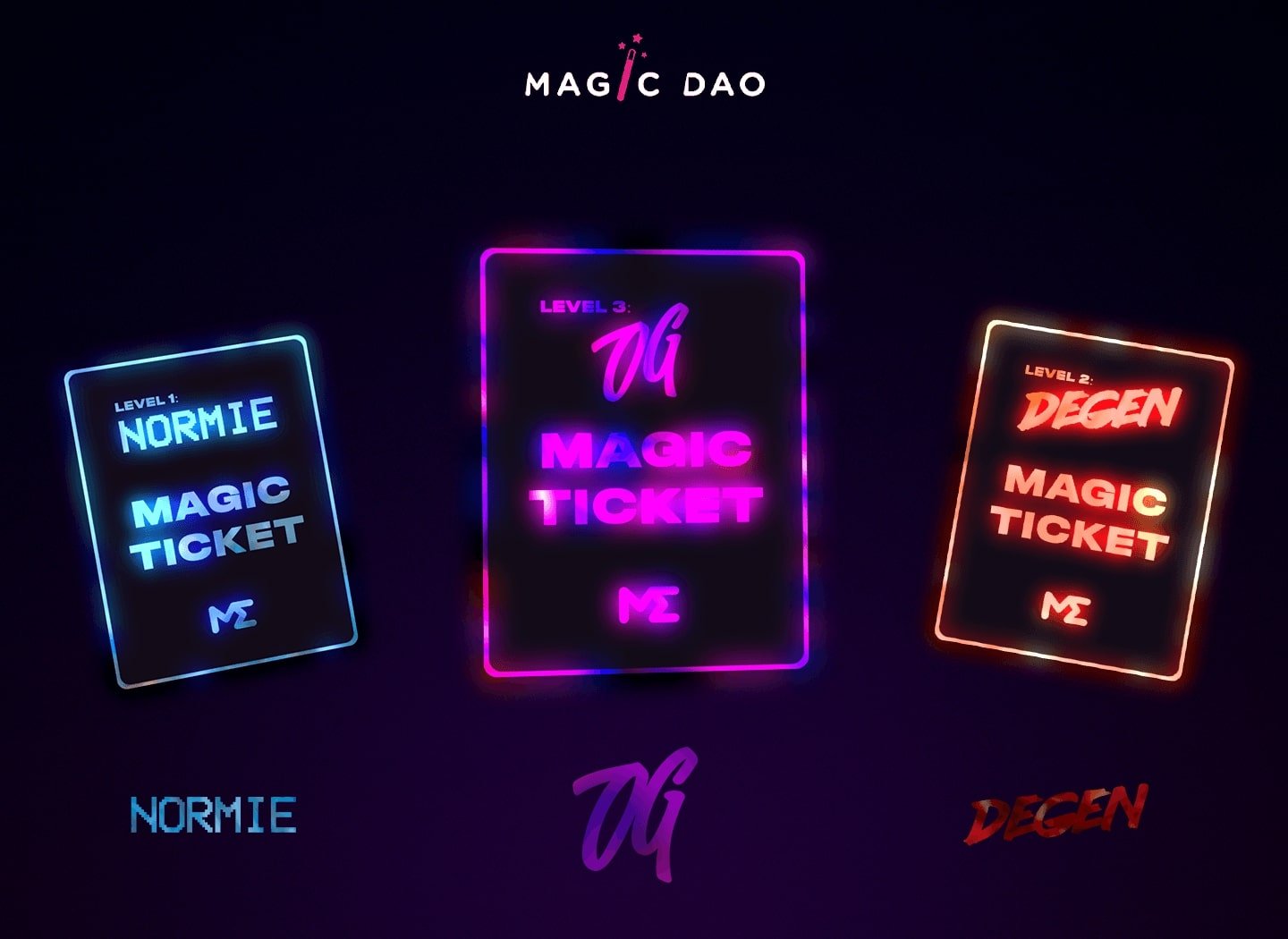 Three different types of Magic Tickets in neon colours